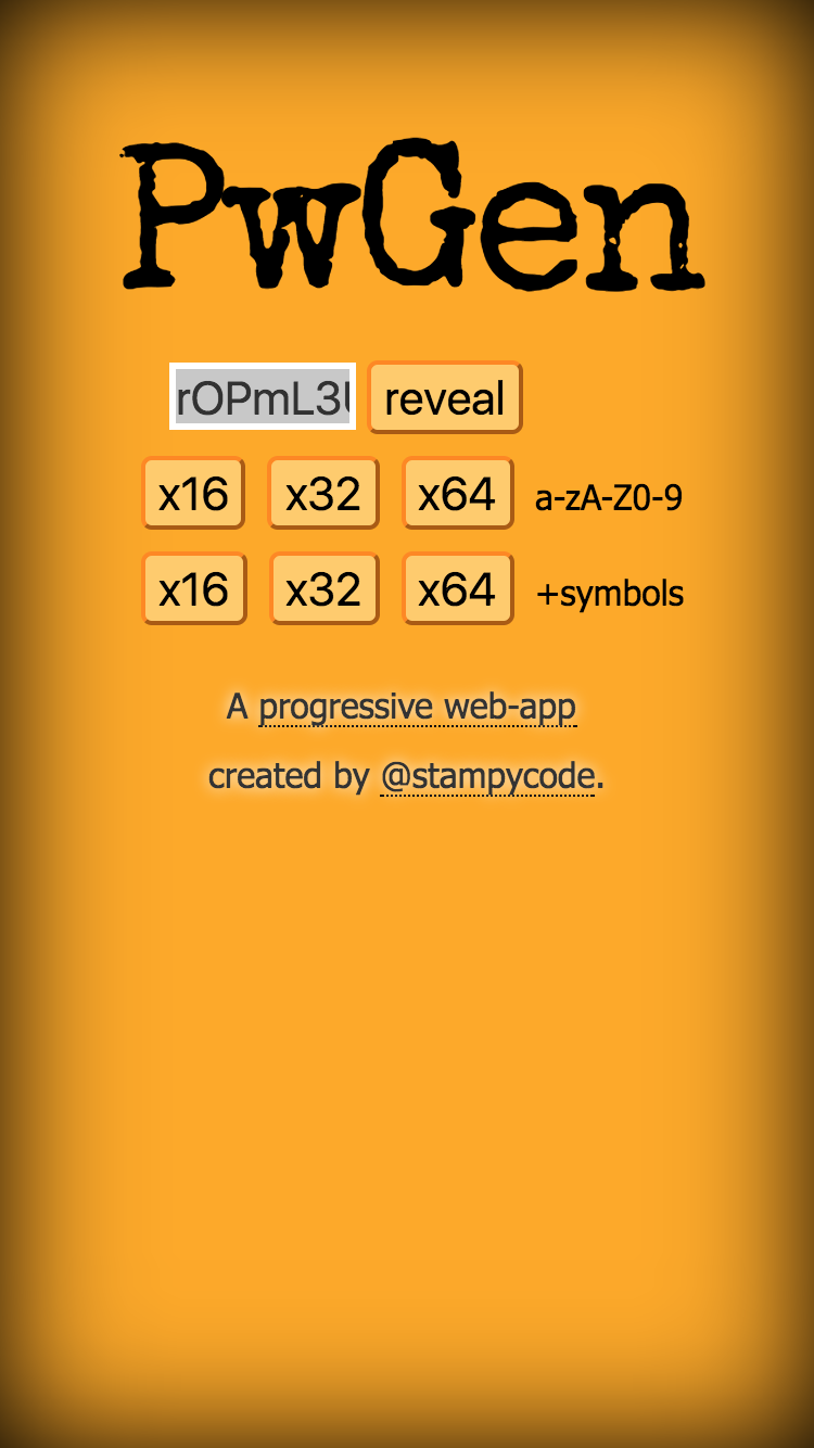 Screenshot from PwGen on a mobile device